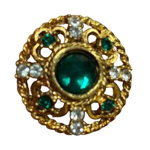 Vintage mid century brooch ornate goldtone round green & white rhinestones pin